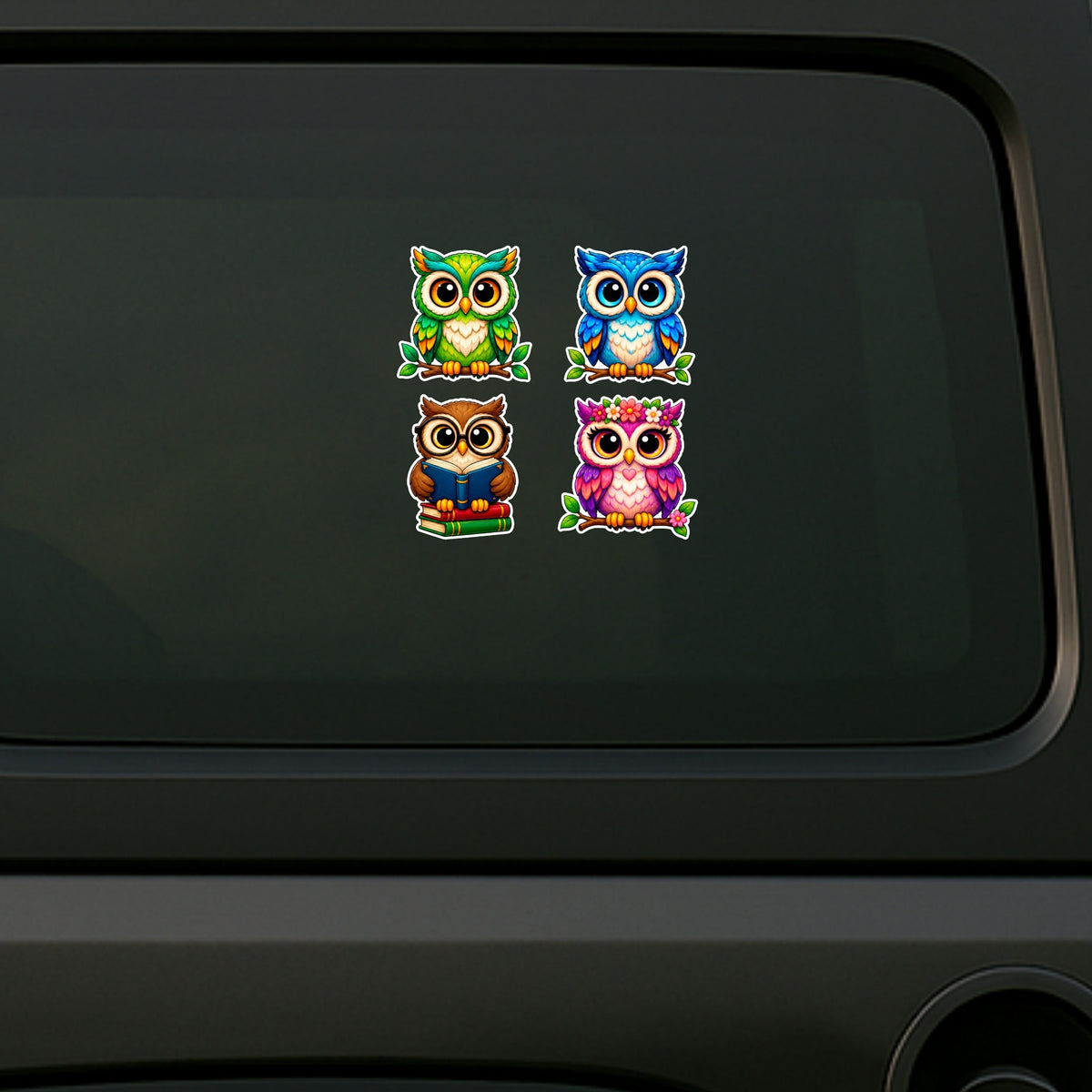 Cute Colorful Owl Sticker Set Displayed on Car Surface by STIXY