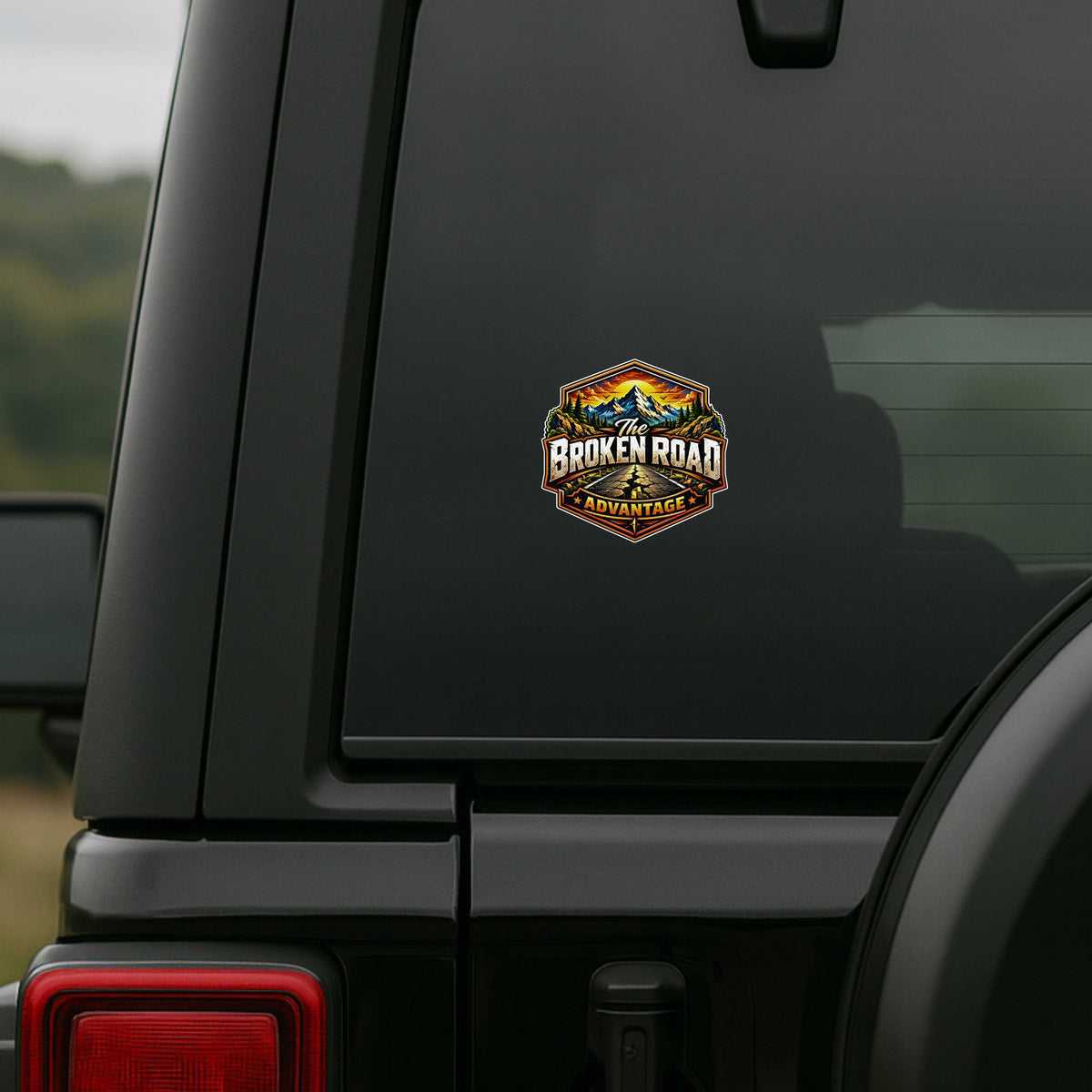 The Broken Road Adventure Mountain Sticker Applied on Off Road SUV Rear Window by STIXY