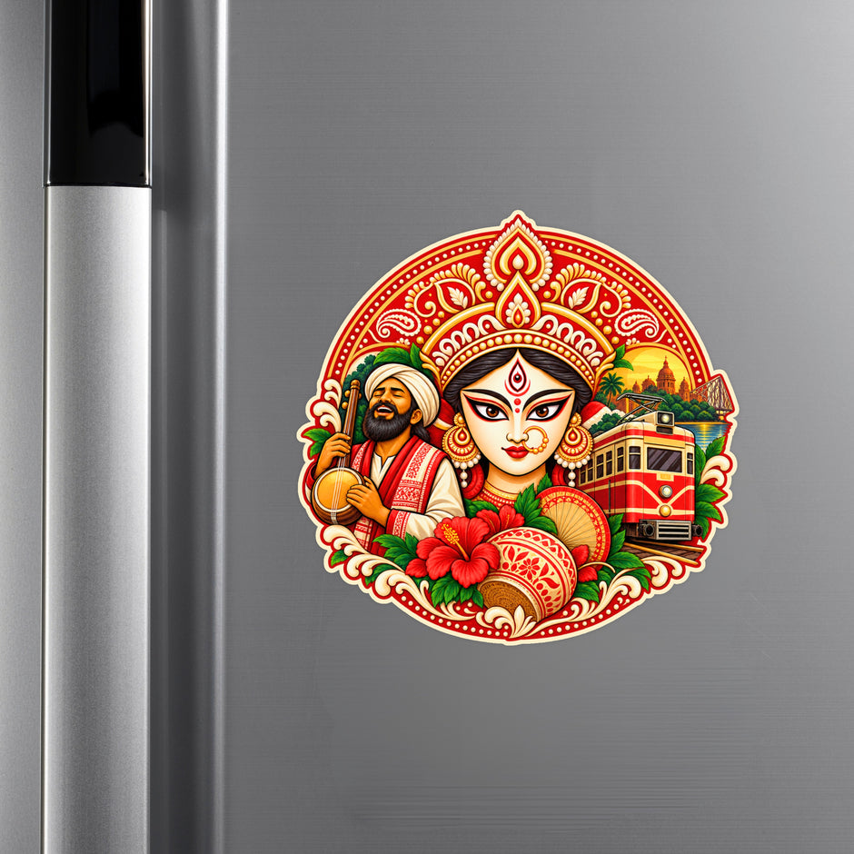 Colourful Bengali Durga Maa Cultural Heritage Sticker on Refrigerator for Kitchen and Home Decor