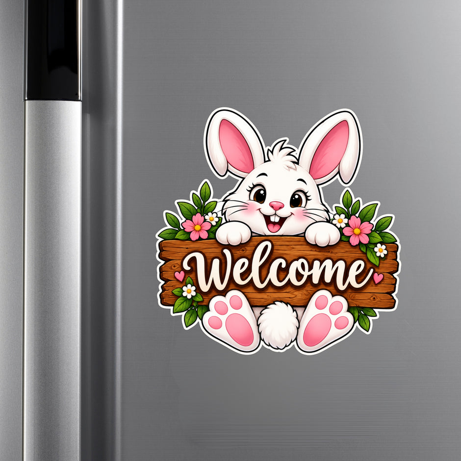STIXY Cute Bunny Welcome Sticker Applied on Silver Refrigerator Featuring Smiling White Rabbit with Floral Wooden Welcome Sign