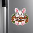 STIXY Cute Bunny Welcome Sticker Applied on Silver Refrigerator Featuring Smiling White Rabbit with Floral Wooden Welcome Sign