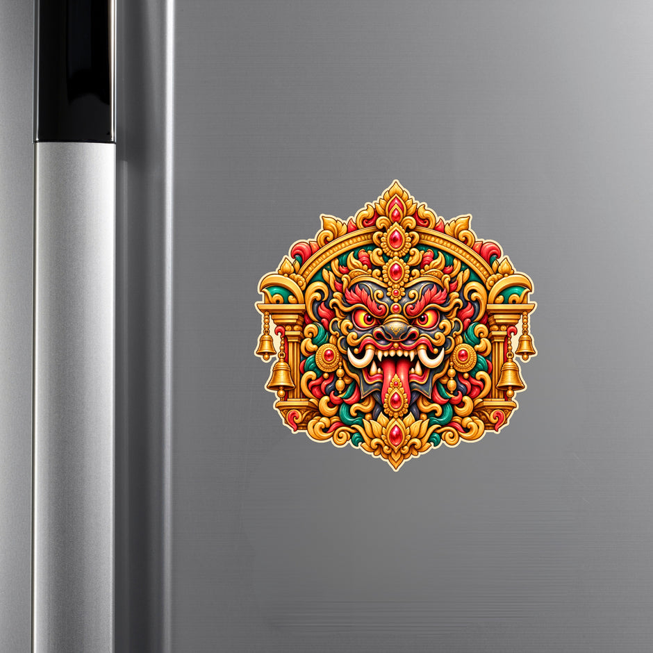 Kirtimukha Protective Face Sticker Displayed on Refrigerator for Traditional Spiritual Home Decor by STIXY
