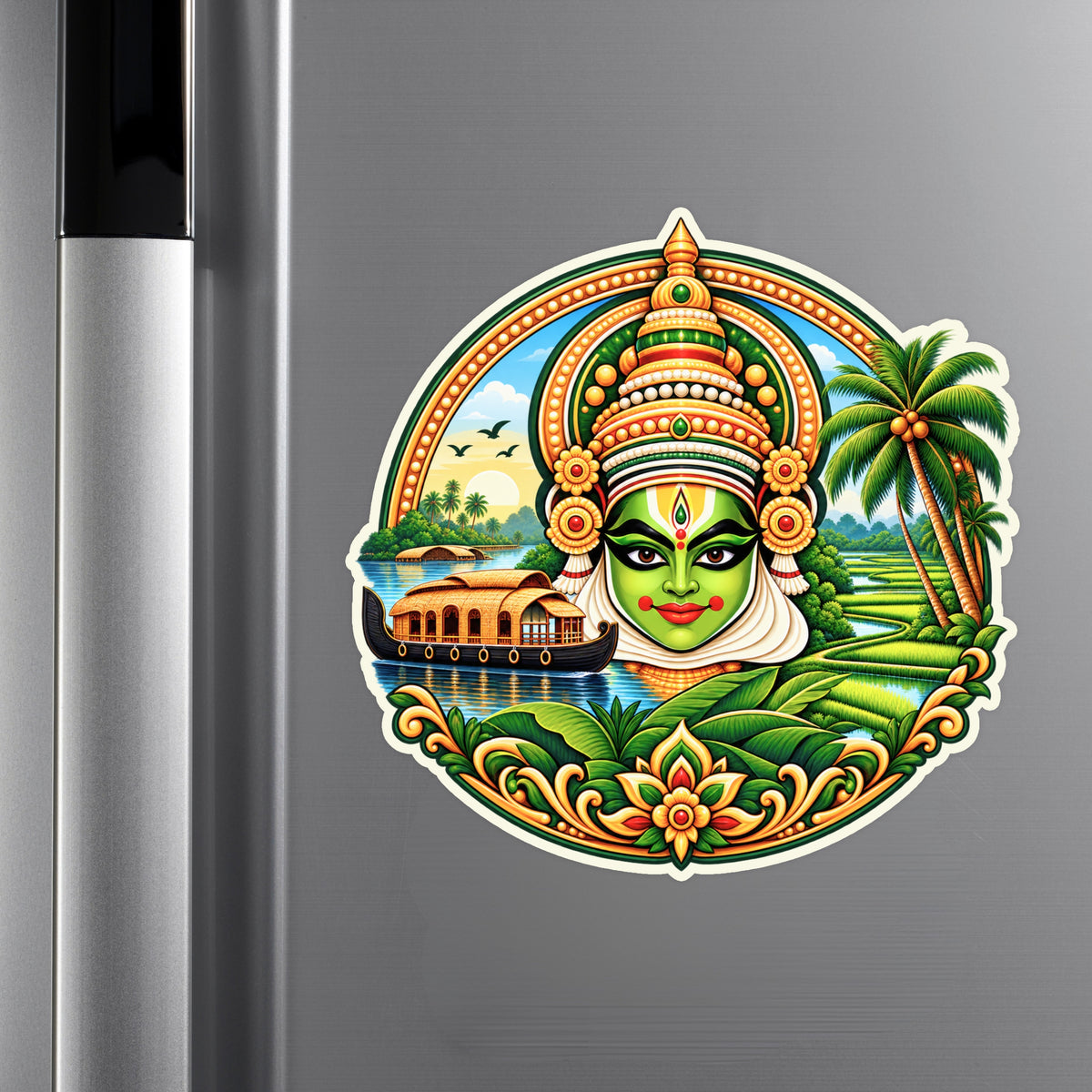 Colourful Kerala Kathakali Face and Backwaters Sticker on Refrigerator for Kitchen Decor