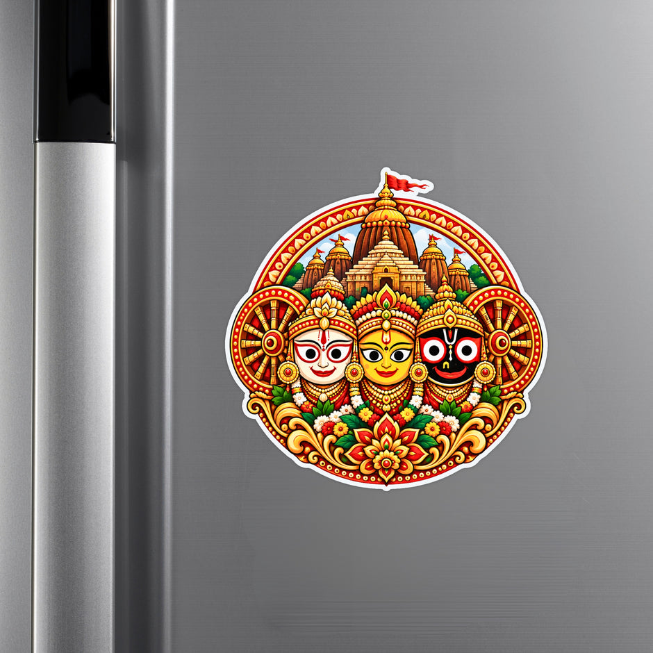 Colourful Jagannath Balabhadra Subhadra Puri Temple Sticker on Refrigerator for Devotional Home Decor