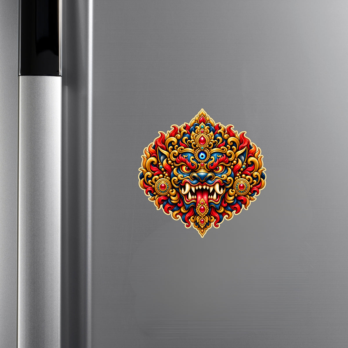 Kirtimukha Fierce Guardian Face Sticker Displayed on Refrigerator for Traditional Spiritual Home Decor by STIXY