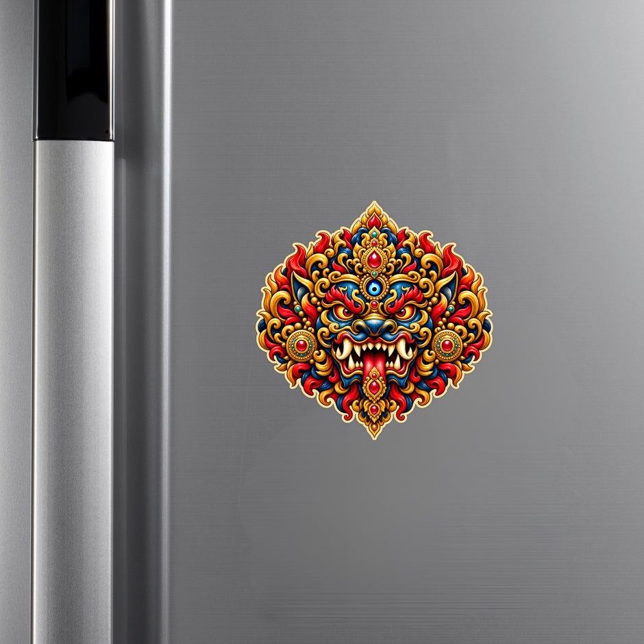 Kirtimukha Fierce Guardian Face Sticker Displayed on Refrigerator for Traditional Spiritual Home Decor by STIXY