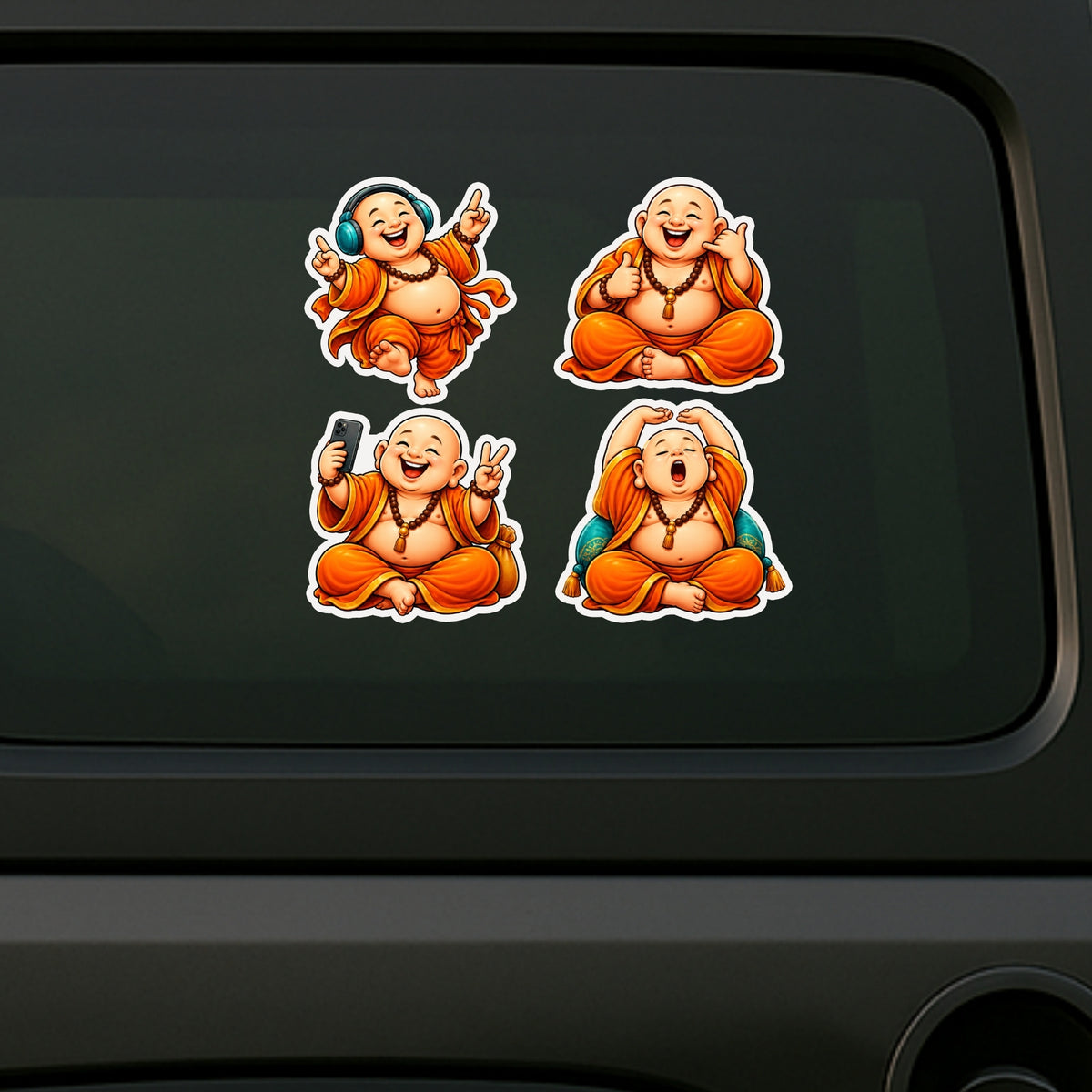 Funny Laughing Buddha Sticker Set of 4 Displayed on Car Surface by STIXY