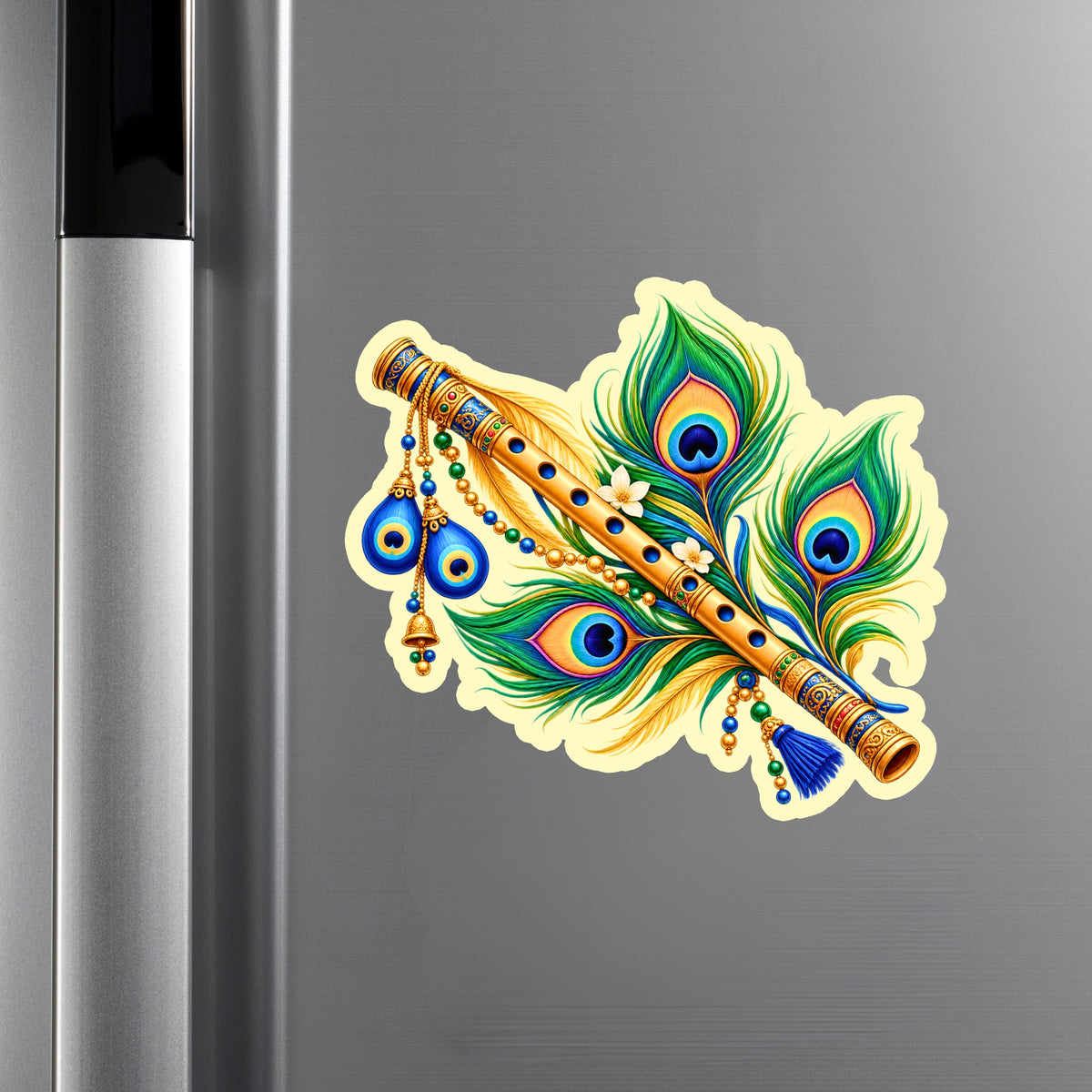 Colourful Krishna Flute Mor Pankh Sticker on Refrigerator for Devotional Kitchen and Home Decor