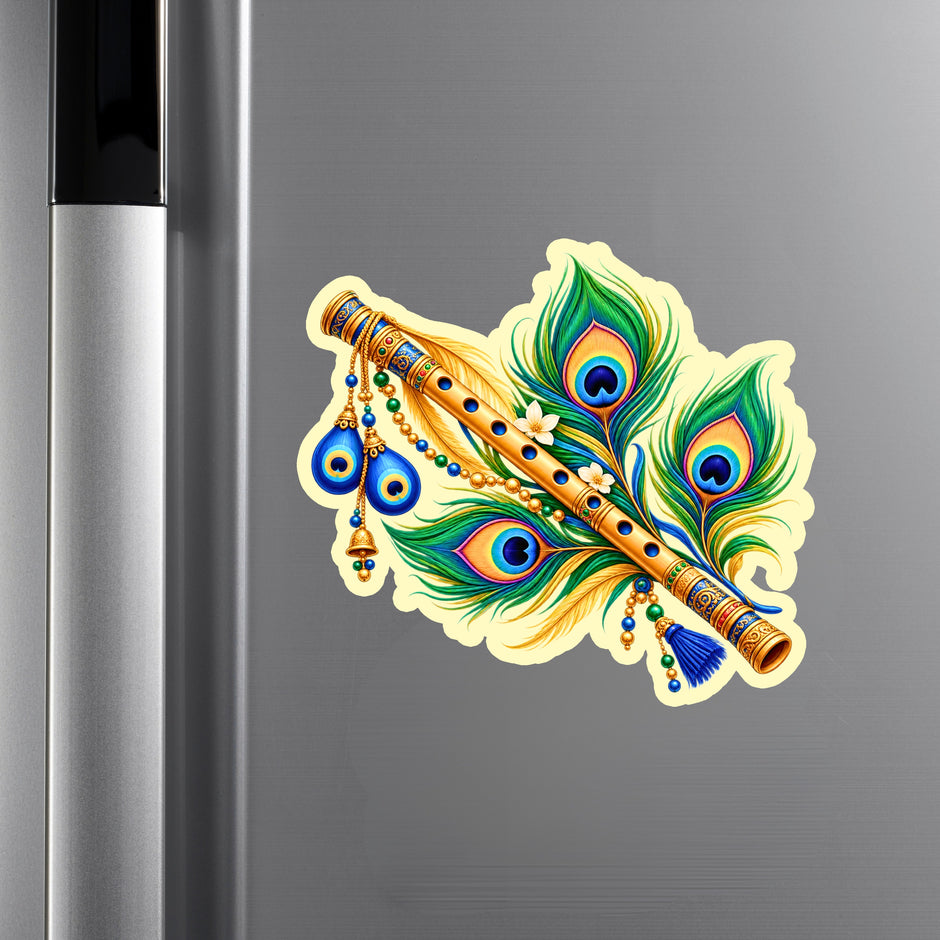 Colourful Krishna Flute Mor Pankh Sticker on Refrigerator for Devotional Kitchen and Home Decor