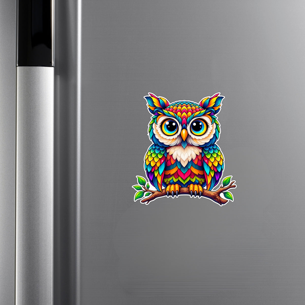 Colorful Cute Owl Sticker Applied on Cupboard Surface by STIXY