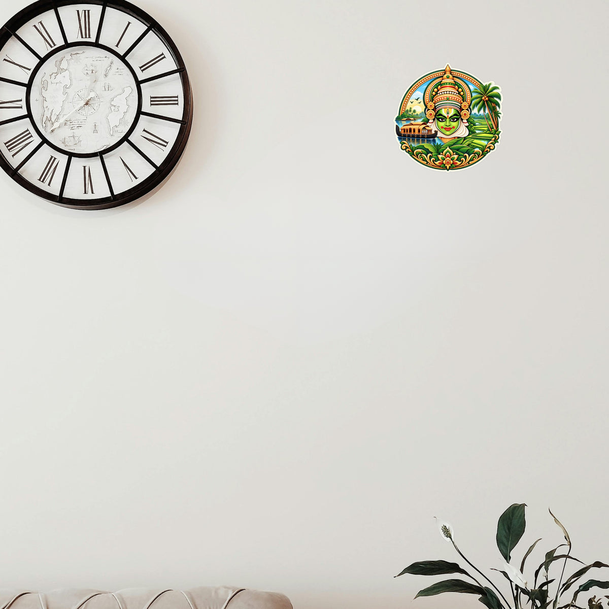 Kerala Traditional Kathakali Art Sticker on Wall Featuring Houseboat Palm Trees and Scenic Backwaters