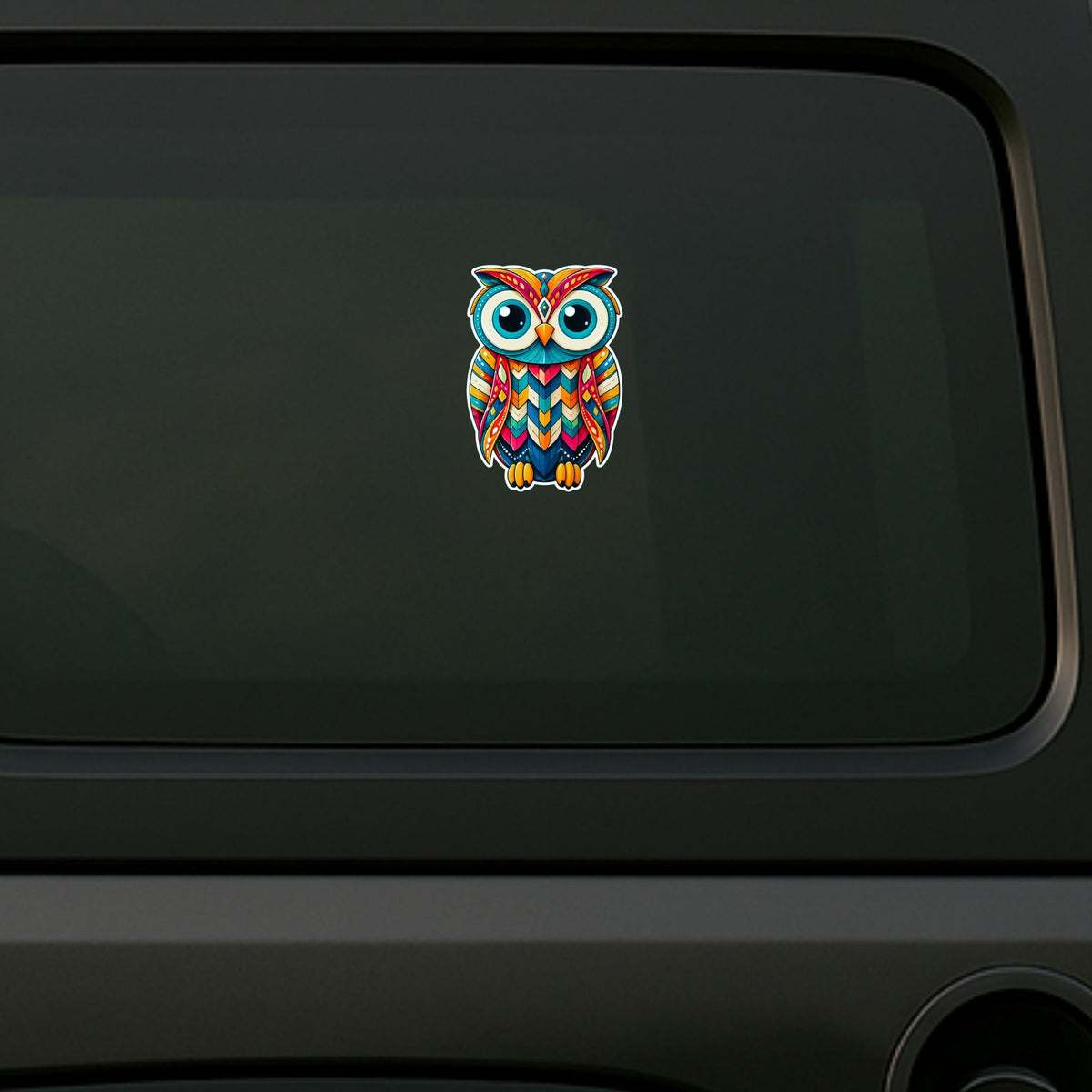 Colorful Geometric Owl Waterproof Matte Vinyl Sticker Displayed on Car by STIXY