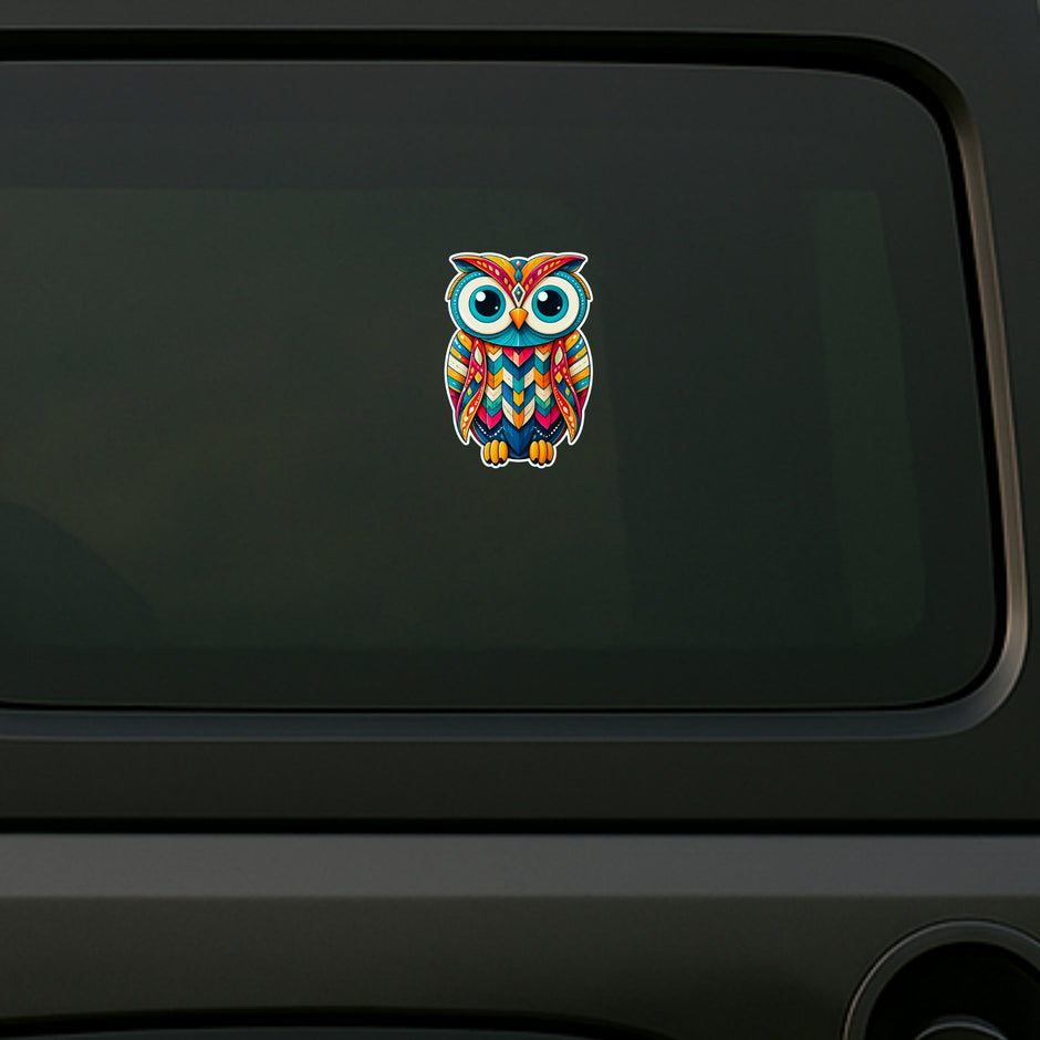 Colorful Geometric Owl Waterproof Matte Vinyl Sticker Displayed on Car by STIXY