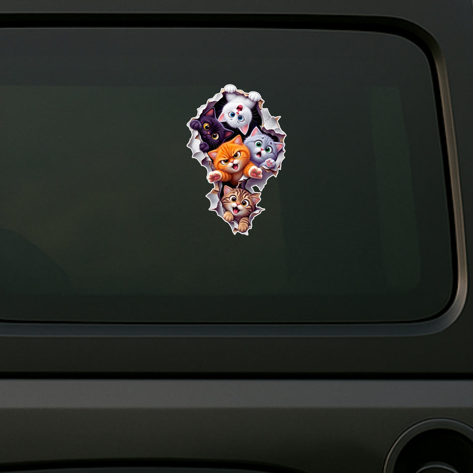 Funny Five Cats Breaking Through Wall Waterproof Sticker Displayed on Car by STIXY