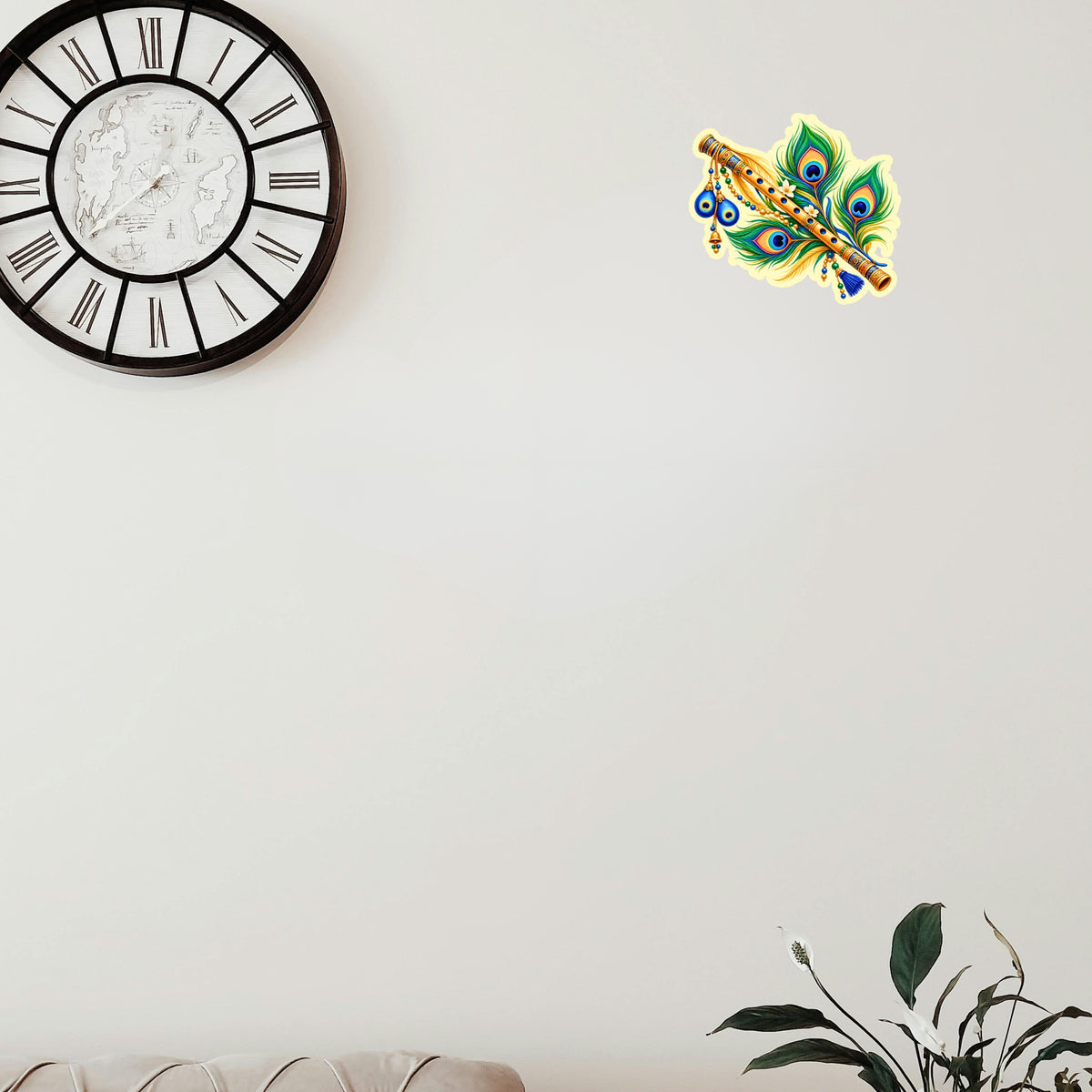 Krishna Bansuri Peacock Feather Spiritual Sticker on Wall for Pooja Room and Hindu Home Decoration
