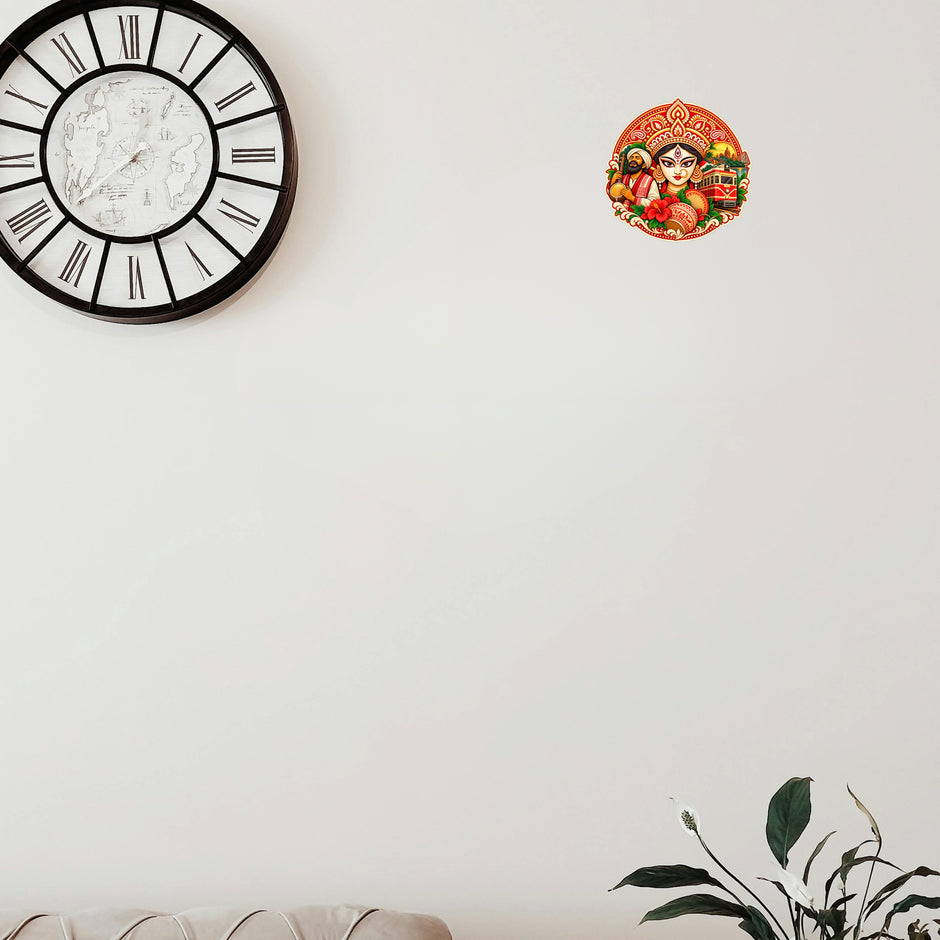 West Bengal Traditional Cultural Art Sticker on Wall Featuring Maa Durga Baul Folk Musician Kolkata Tram and Red Hibiscus Flowers