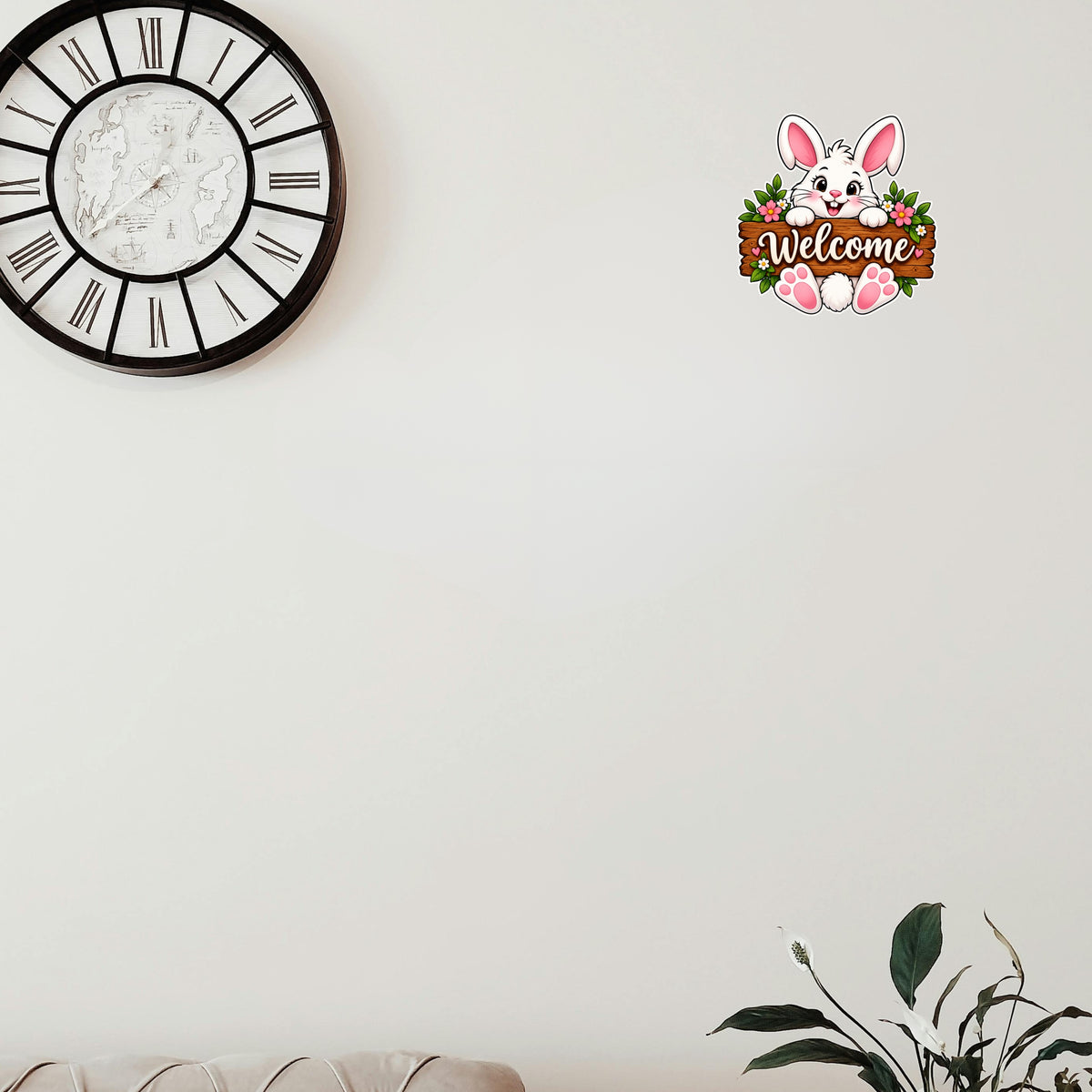 Cute Bunny Welcome Sticker Displayed on Interior Wall with Floral Rabbit Artwork for Kids Room Nursery and Home Decoration