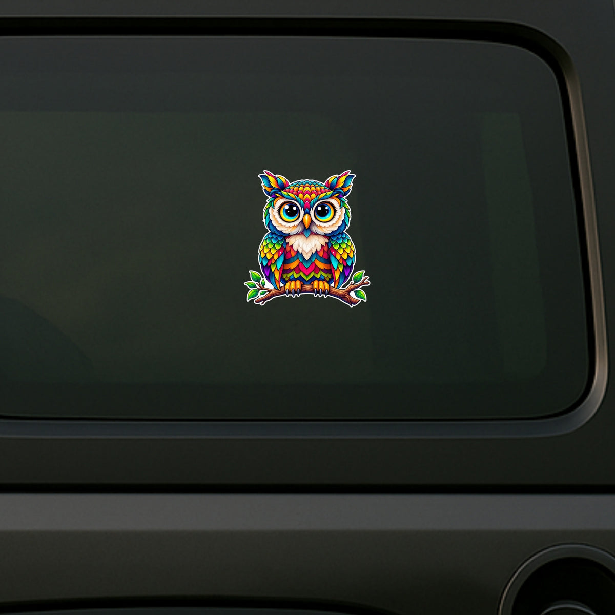 Colorful Cute Owl Waterproof Matte Vinyl Sticker Displayed on Car by STIXY