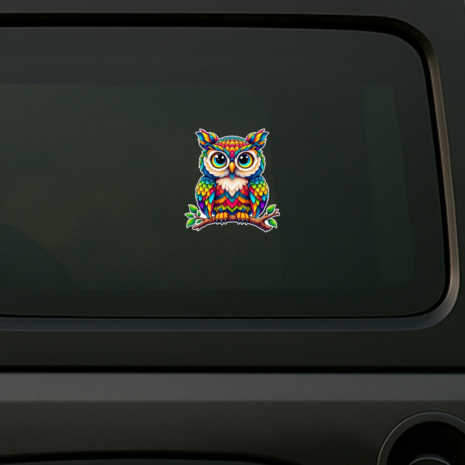Colorful Cute Owl Waterproof Matte Vinyl Sticker Displayed on Car by STIXY