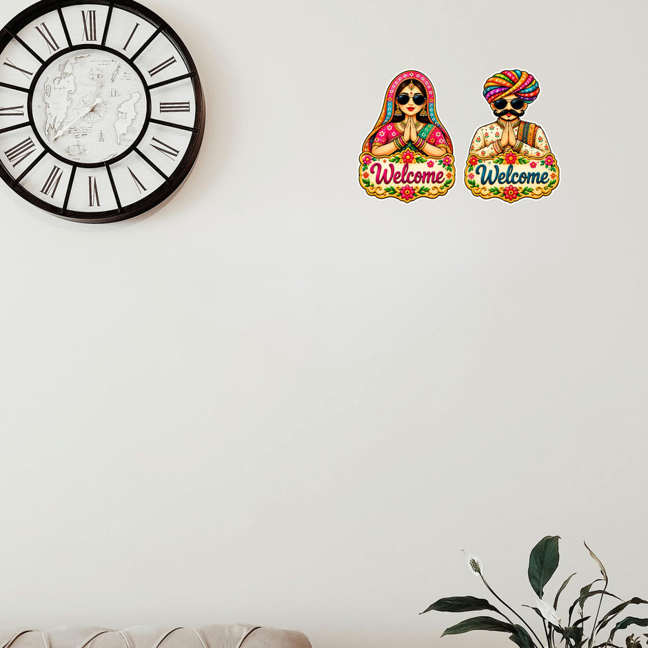 Colourful Rajasthani Man and Woman Welcome Sticker Pair on Wall for Traditional Indian Home and Reception Decor
