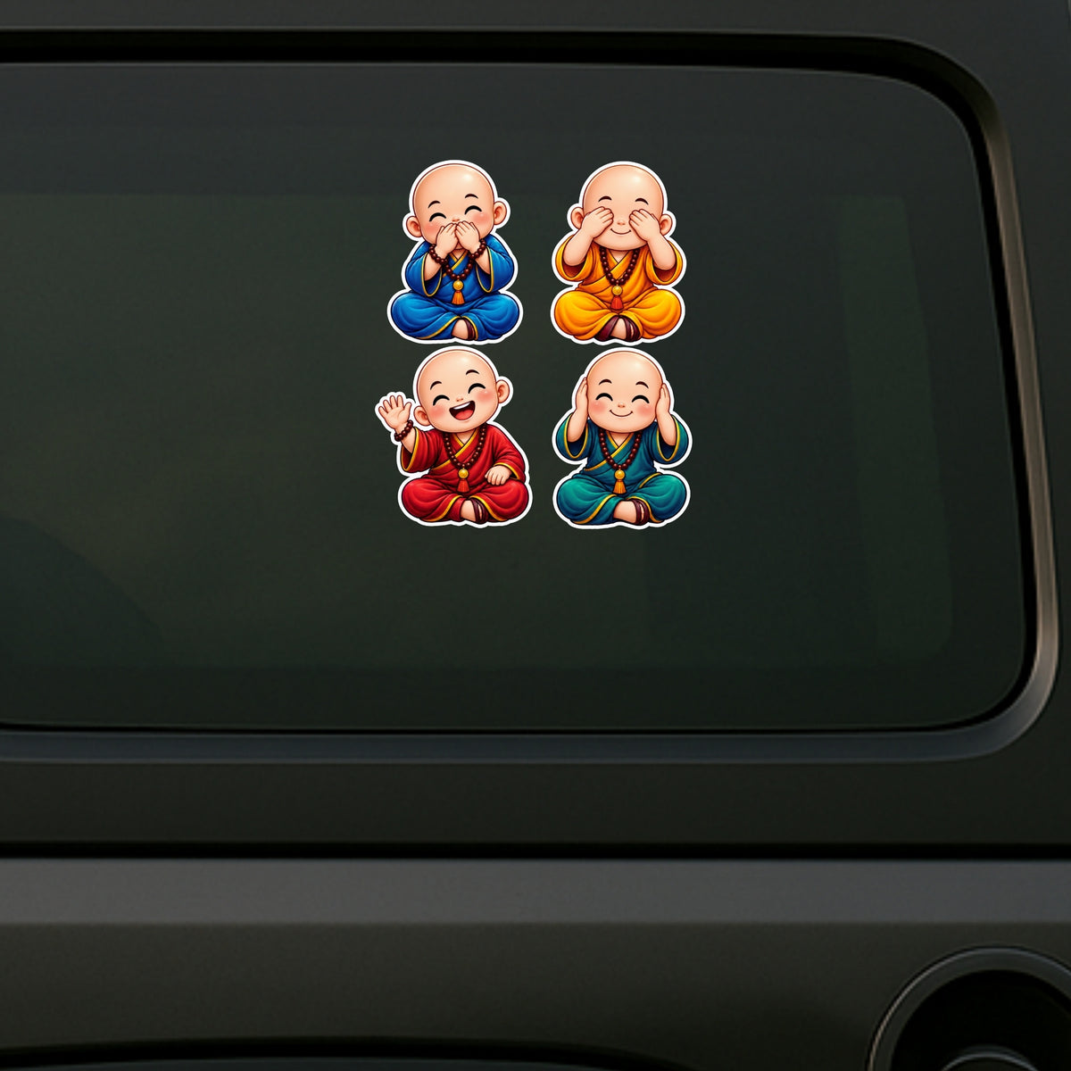 Colorful Cute Monk Sticker Set Displayed on Car Surface by STIXY
