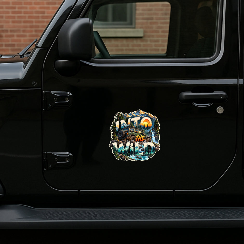 Into The Wild Mountain Off Road Adventure Sticker Displayed on Black SUV Side Door by STIXY