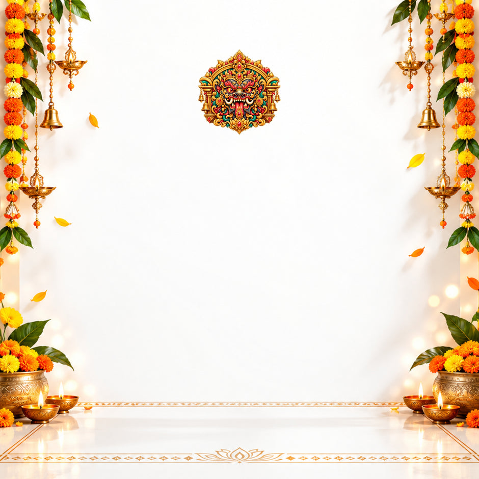 Kirtimukha Protective Face Sticker Displayed on Festive Decorated Wall with Traditional Floral Garlands by STIXY
