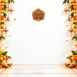 Kirtimukha Protective Face Sticker Displayed on Festive Decorated Wall with Traditional Floral Garlands by STIXY