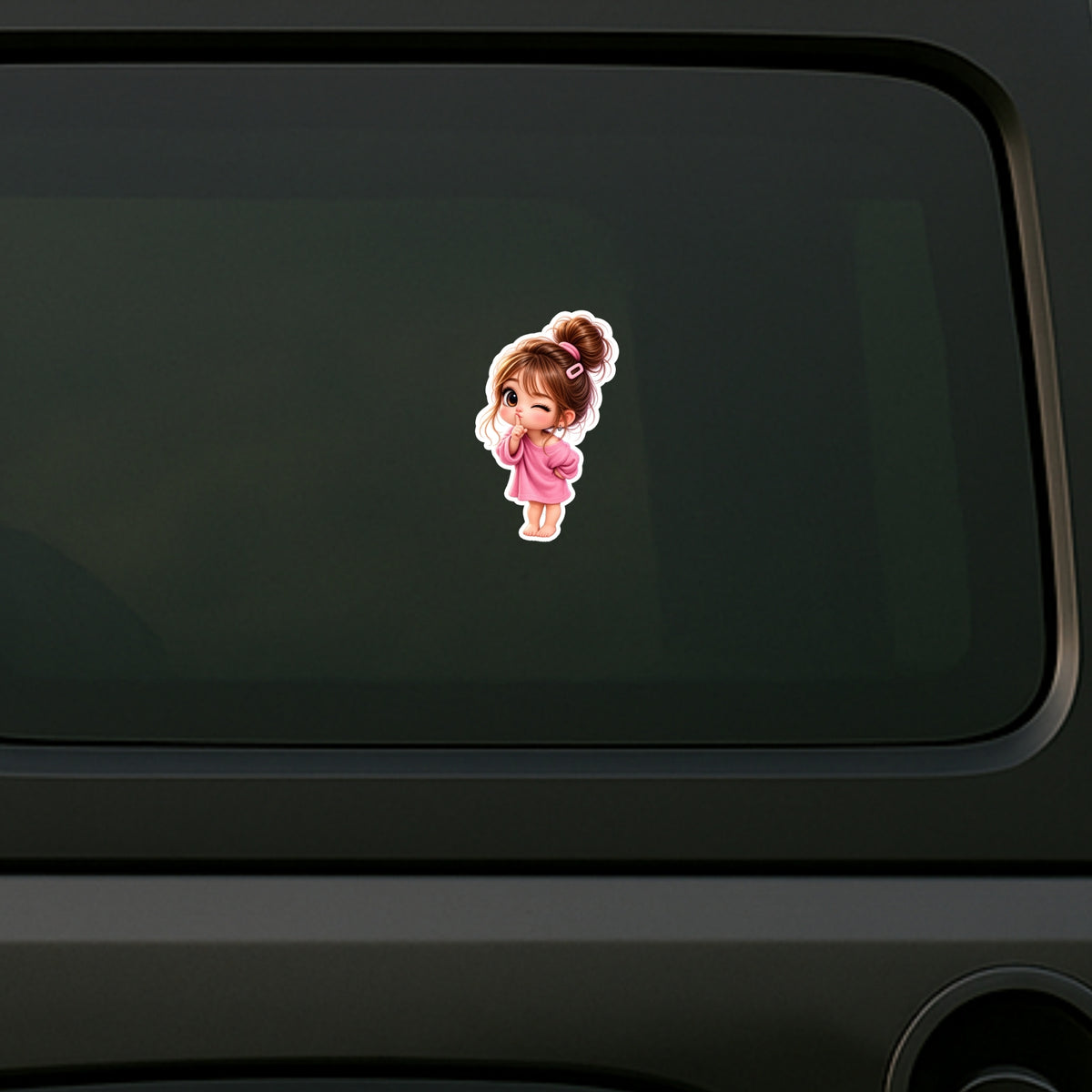 Cute Pink Girl Winking Cartoon Sticker Applied on Car by STIXY