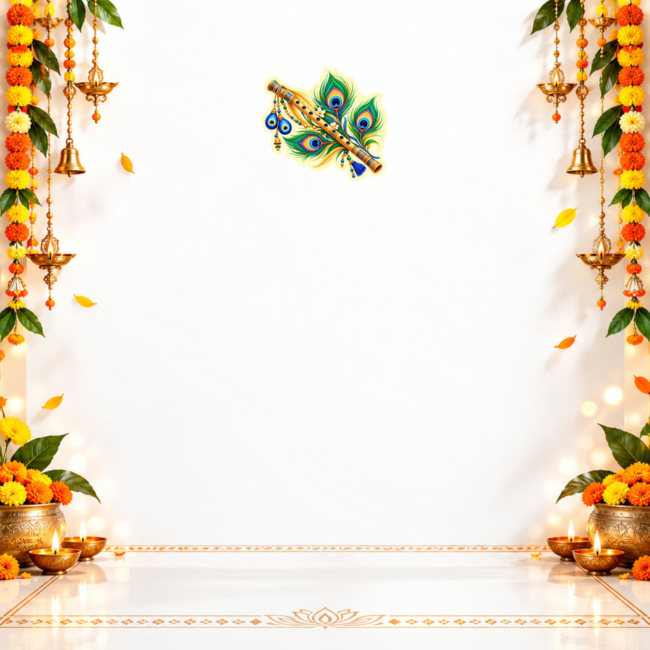 Lord Krishna Golden Flute and Peacock Feather Sticker with Festive Floral Background for Janmashtami and Spiritual Decor