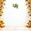 Lord Krishna Golden Flute and Peacock Feather Sticker with Festive Floral Background for Janmashtami and Spiritual Decor