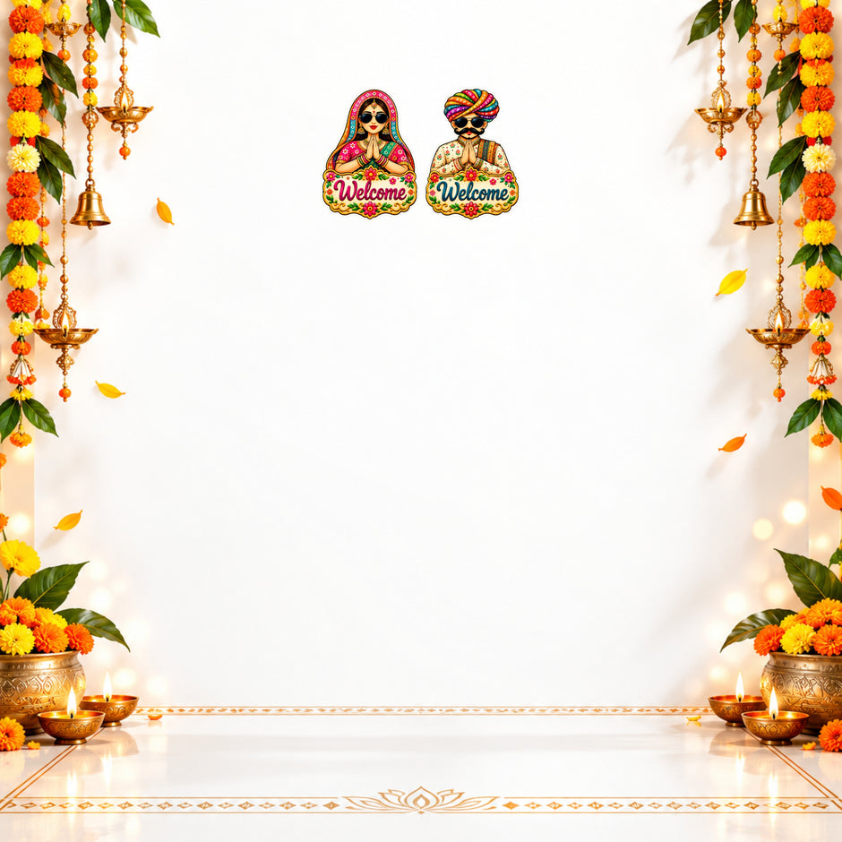 Rajasthani Couple Welcome Stickers with Festive Floral Background for Indian Cultural and Housewarming Decoration