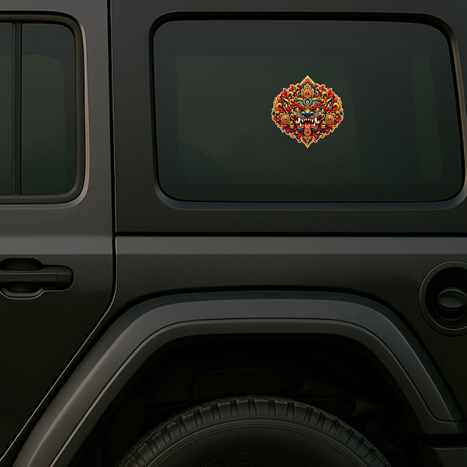 Kirtimukha Fierce Guardian Face Protective Sticker Displayed on Black SUV Rear Side Window by STIXY