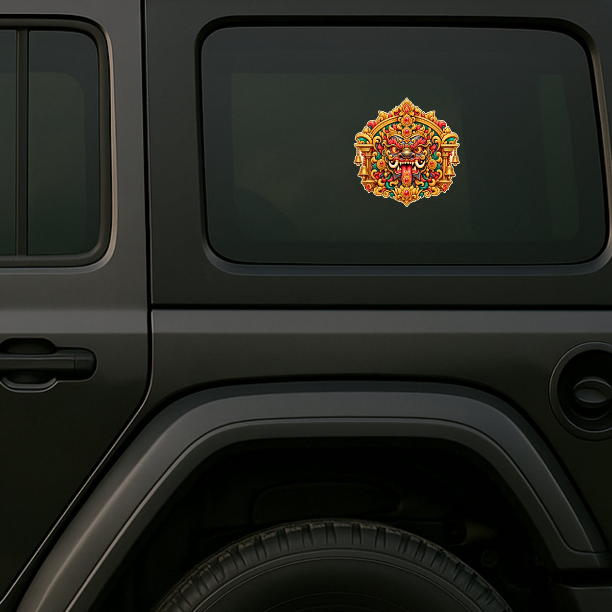 Kirtimukha Protective Guardian Face Sticker Displayed on Black SUV Rear Side Window by STIXY