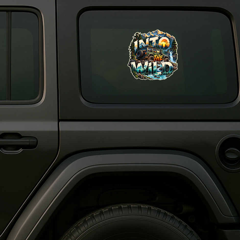 Into The Wild Mountain Off Road Adventure Sticker Displayed on Black SUV Rear Side Window by STIXY