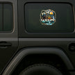 Into The Wild Mountain Off Road Adventure Sticker Displayed on Black SUV Rear Side Window by STIXY