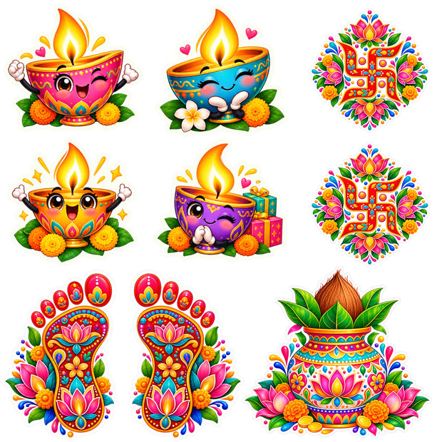 Diwali Auspicious Sticker Pack with Colourful Diyas Swastik Lakshmi Charan and Kalash by STIXY