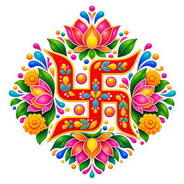 Colourful Floral Swastik Sticker with Lotus Design for Diwali Puja and Auspicious Home Decoration by STIXY