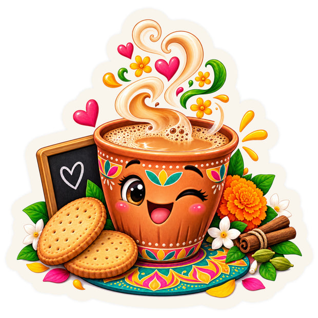 Cute Desi Chai Cup Sticker with Biscuits Marigold Flowers and Cinnamon by STIXY