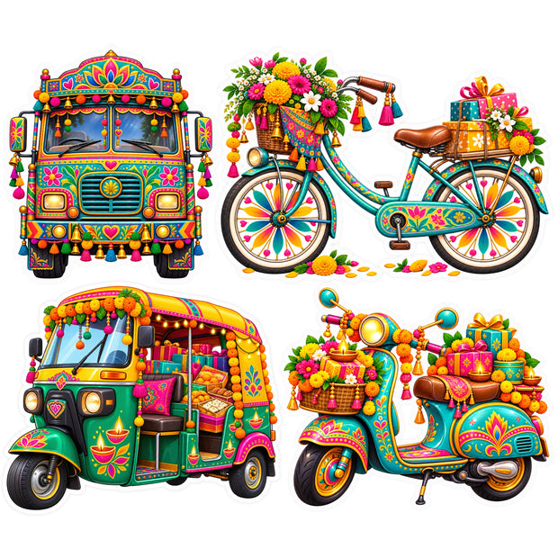 Colourful Indian Vehicle Sticker Set of 4 with Truck Bicycle Auto Rickshaw and Scooter by STIXY