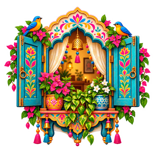 Colourful Indian Jharokha Window Sticker with Birds Flowers and Hanging Bells by STIXY