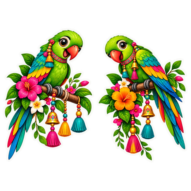 Colourful Parrot Sticker Set of 2 with Flowers and Decorative Tassels by STIXY
