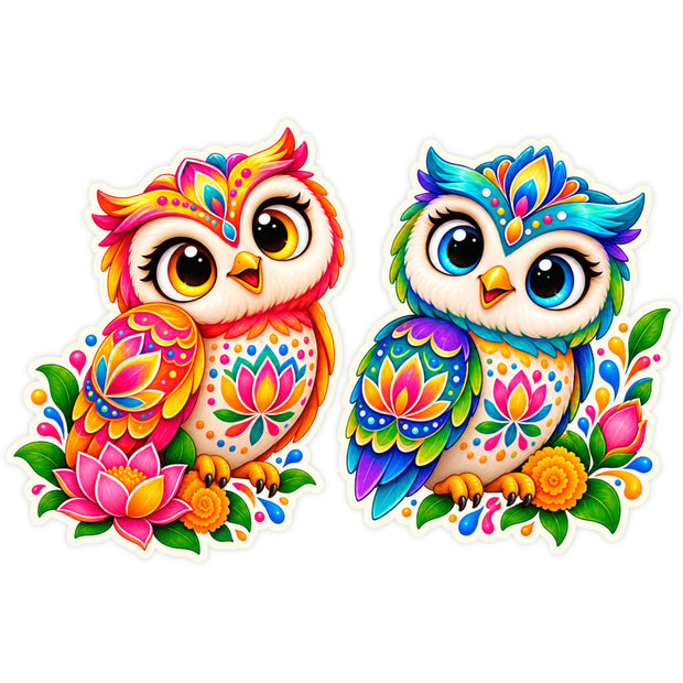 Colourful Lotus Owl Sticker Set of 2 with Floral Artwork by STIXY