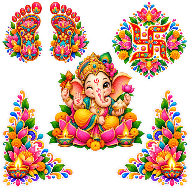 Diwali Auspicious Sticker Pack with Lord Ganesha Lakshmi Charan Swastik and Decorative Corner Stickers by STIXY