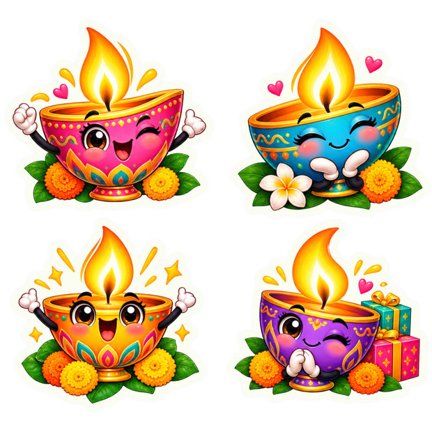 Cute Colourful Diya Sticker Set of 4 for Diwali Decoration and Festive Home Decor by STIXY