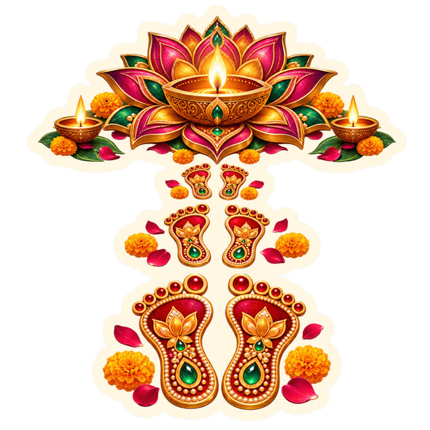 Diwali Lotus Diya and Lakshmi Charan Footprint Sticker for Auspicious Home Entrance Decoration by STIXY