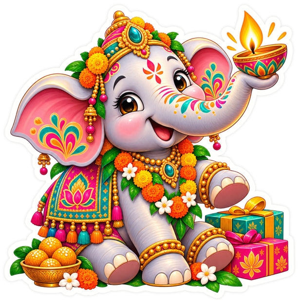 Cute Colourful Festive Elephant Sticker with Diya and Floral Decoration by STIXY