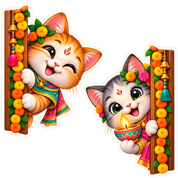 Cute Festive Cat Door Corner Sticker Set of 2 with Marigold Decoration by STIXY