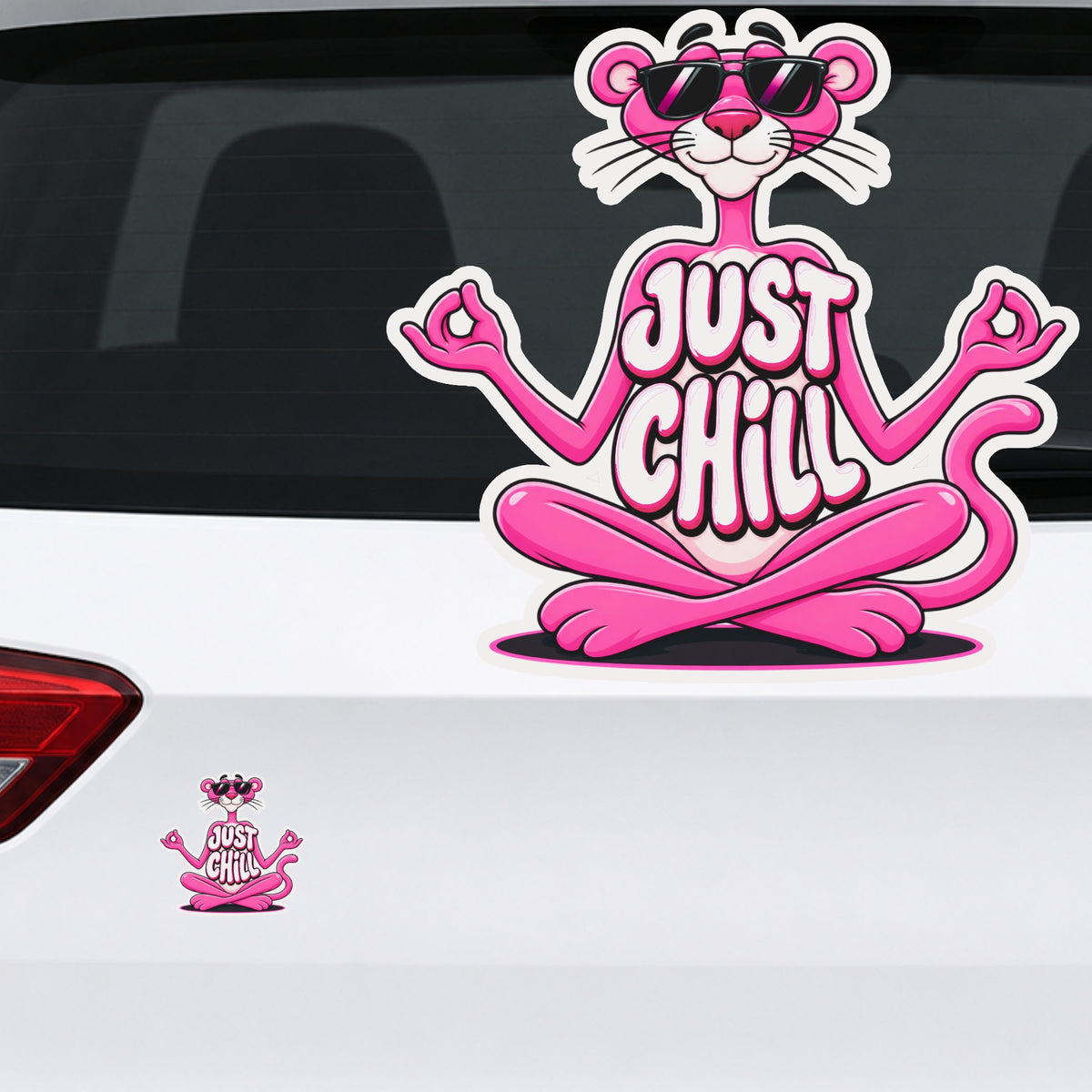 Just Chill Pink Panther Cartoon Sticker Displayed on Laptop by STIXY