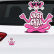 Just Chill Pink Panther Cartoon Sticker Displayed on Laptop by STIXY